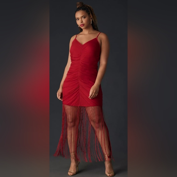 Anthropologie Vineet Bahl Sleeveless V-Neck Fringe Maxi Dress in Red - Picture 3 of 16